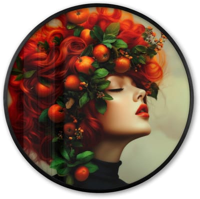 Poster in lijst Rond - Fotolijst 60x60 cm - Posters - Vrouw - Appels - Rood - Bladeren - Ronde posterlijst zwart - Decoratie - Wanddecoratie woonkamer - Muurdecoratie slaapkamer