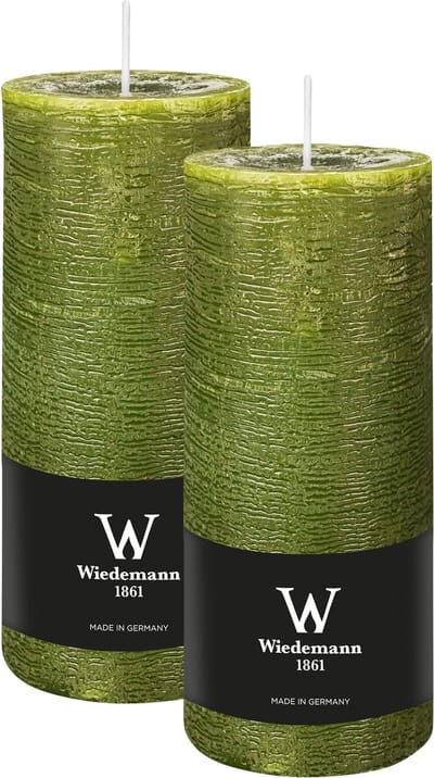 Wiedemann Cilinderkaars/stompkaars - 2x - rustieke kaars - olijfgroen - 7 x 16 cm - 66 branduren