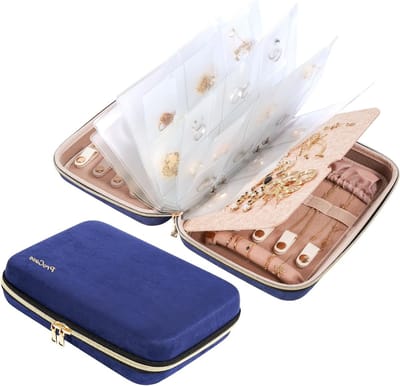 Reisjuwelendoos voor dames, harde opbergdoos voor sieraden, met transparante zak en ritsen, perfect voor oorbellen, kettingen en armbanden, sieradenorganizer