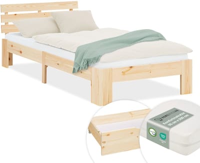 Homestyle4u Eenpersoonsbed - 90x200 cm - met Matras en 2 Bedbakken - Natuur