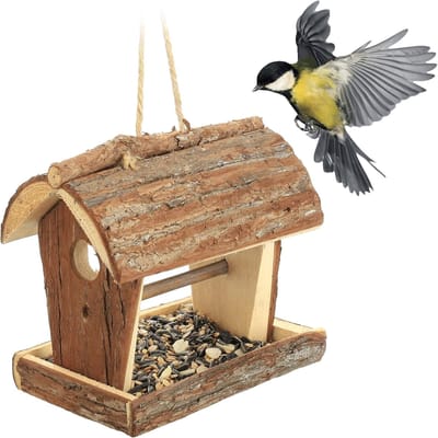 Famanu – Vogelvoederhuisje hangend - hout - HBD: 18 x 13,5 x 19,5 cm - voederhuisje voor kleine tuinvogels - mees - naturel