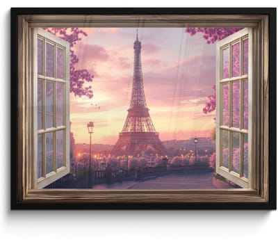 Poster in lijst - Fotolijst 70x50 cm - Posters - Doorkijk - Parijs - Eiffeltoren - Roze - Kersenbloesem - Posterlijst zwart - Decoratie - Wanddecoratie woonkamer - Muurdecoratie slaapkamer