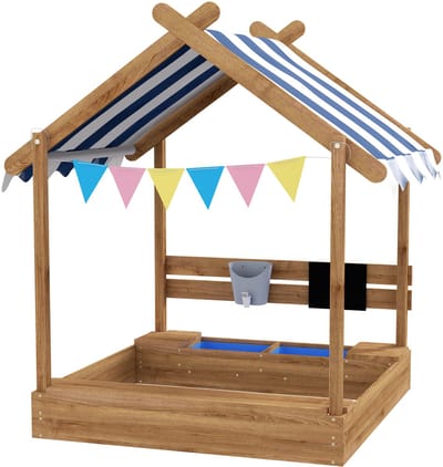 TEKROA® Houten Zandbak met Zonnedak en Speelgoed - Speelhuisje Design - Massief Hout - UV-bescherming - Bruin - 124x116x146 cm