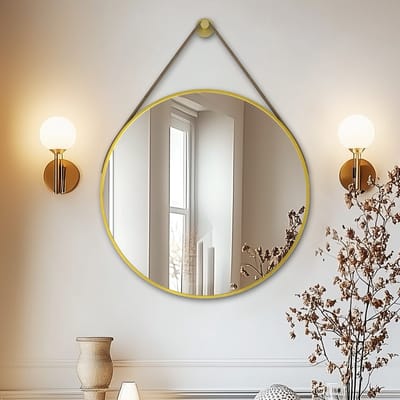 Artloge Ronde Gouden Spiegel - 60cm Wandspiegel met Leren Hangriem - Aluminium Frame - Badkamerspiegel, Vanity Spiegel voor Hal, Slaapkamer, Woonkamer