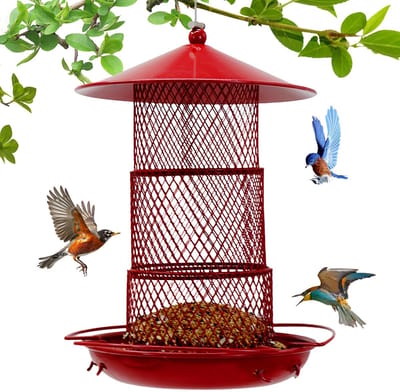 Hangende voederbak voor vogels - 3-laags intrekbare voederbak voor vogels - Grote voederbak voor vogels - Bijtvaste metalen voederbak - Gemakkelijk te vullen - Gemakkelijk schoon te maken - Geschikt voor hangende voederbeurten buitenshuis - Rood