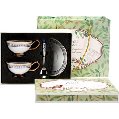 Ensemble de Tasse à Café et Soucoupe en Porcelaine d'Os de Luxe, Service à Thé Européen Élégant pour l'Après-midi, Tasse en Céramique Emballée dans une Boîte Cadeau, Cuillère et Soucoupe 250 ml blanc/bleu