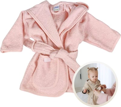 Funnies Badjas Blush 1-2 Jaar Baby Badjas, Badjas Kinderen, Peuterbadjas - 100% Katoenen Badstof - Zacht en Absorberend - Perfect na Zwemmen, Douchen of Badderen - Ideaal als Cadeau voor Baby’s en Kinderen