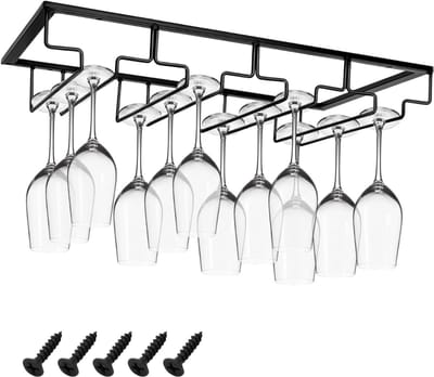 Aurixi® Ophangrek Wijnglazen - Wijnglazenhouder – Metalen Wijnglazenrek - Zwart - ‎24cm x 42cm x 7cm