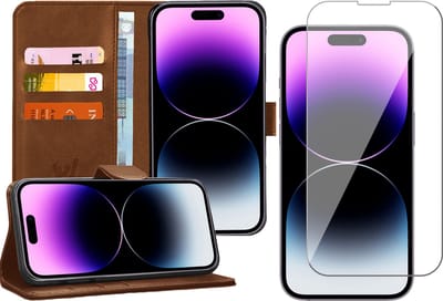 Hoesje geschikt voor iPhone 14 Pro - Book Case Kunstleer Wallet Cover Portemonnee Pasjeshouder Hoes Bruin - Tempered Glass Screenprotector