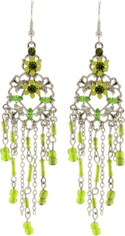 Behave - Zilverkleurige oorhangers met bloemen en groene kraaltjes - Speelse en vrolijke stijl