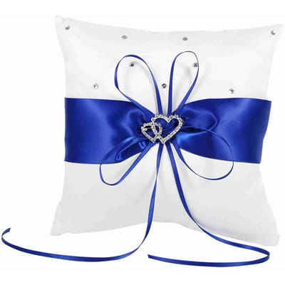 Huwelijksring Drager Houder Kussen Met Strik Satijn Dubbele Harten Diamanten (Blauw) Blue