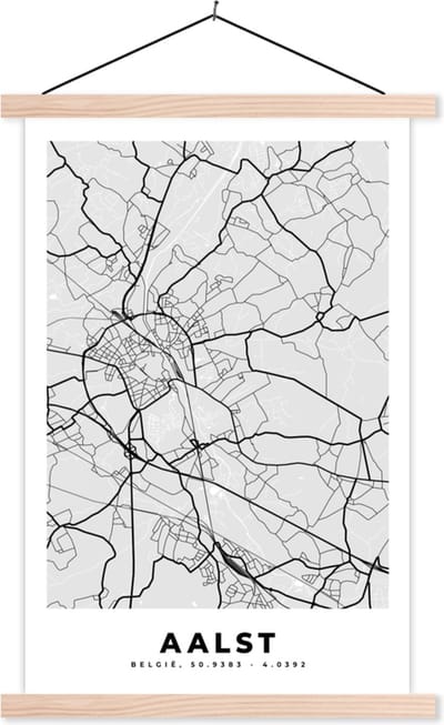 Posterhanger incl. Poster 40x60 cm - Schoolplaat - Zwart Wit – België – Plattegrond – Stadskaart – Kaart – Aalst - Textielposter - Blanke latten - Stadskaart
