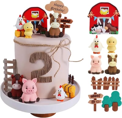 Rustieke Taartdecoratie met Boerderij Dieren, 6-delige Cake Topper met Koeien, Varkens, Schapen, Kippen en Paarden, Perfect voor Verjaardagen en Themafeesten