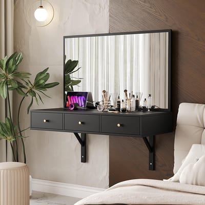 BLACKCOLORS - Hangende kaptafel met spiegel - 3 lades - Stopcontacten - Ruimte voor tablet - Drankhouder - Zwart
