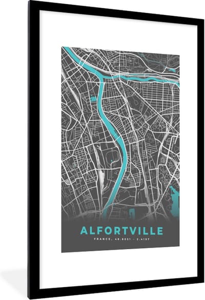 Fotolijst incl. Poster - Alfortville - Frankrijk - Plattegrond - Kaart - Stadskaart - 60x90 cm - Posterlijst
