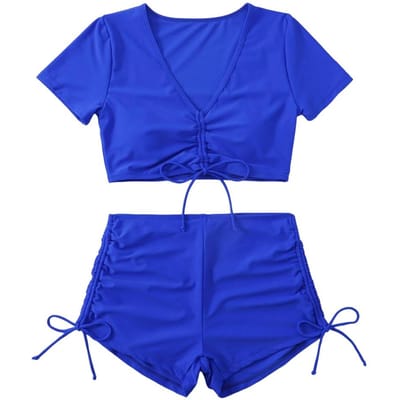 Maillot de bain de couleur unie Élégant Ensemble Bikini d'été pour femme avec Haut à décolleté en V Maillot de bain à taille haute à cordon de serrage Ensemble 2 pièces pour une utilisation pratique S bleu