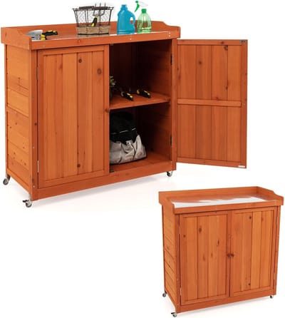 KOMFOTTEU Tuintafel met onderkast, plantentafel met werkblad en afneembaar rek, tuintafel van dennenhout, gereedschapskast, tuinkast met 4 wielen, 98,5 x 48 x 100 cm