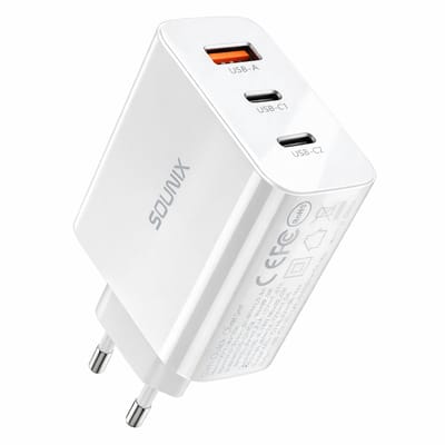 Sounix Snellader USB-C 45W - 3 Poorten Snellader - Usb Stekker - Usb Oplader - GaN oplader - 2x USB-C PD - 1x USB-A PD 22.5W - Wit