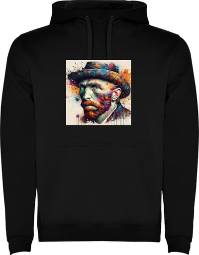 Zwarte unisex hoodie met “ Kleurrijke Vincent Van Gogh De Beroemde Kunstschilder - Zelfportret - Kunst “ Print Full Color Color merk Roly maat S