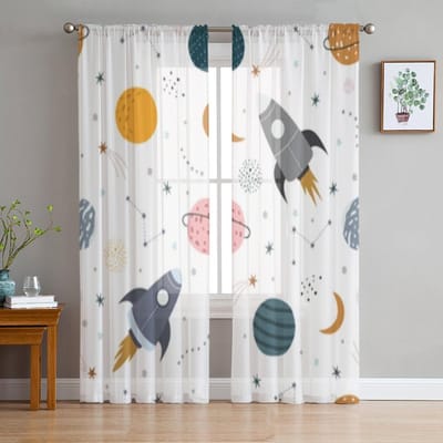 Raket en sterren met de hand getekende chiffon transparante gordijnen voor woonkamer slaapkamer decoratie raam tule gordijnen gordijnen 135W x 183H(cm)