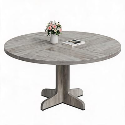 Ronde Eettafel 120 cm - Massief Houten Tafelblad - Gebogen Metalen Poten - Grijs Houtkleur - Eetkamertafel voor 4-6 Personen