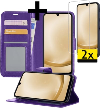 Hoesje - Met 2x Screenprotector - Geschikt voor Samsung Galaxy A25 - Luxe Pasjeshouder - Bookcase Portemonee - Flip Case - Kunstleer Book Case - Flipcase Hoes - Book Cover - Walletcase - Portemonneehoes - Telefoonhoesjes - Paars