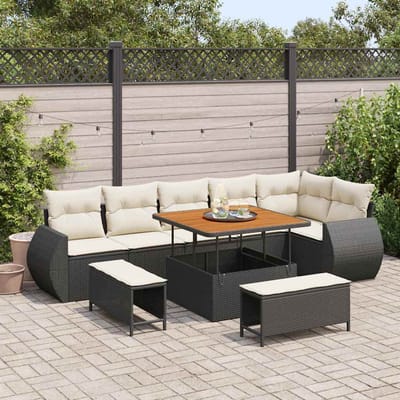 vidaXL - Tuinbank - Set - 9 - st - 9-Aantal - zitplaatsen - Zwart - en - Crème - Poly - Riet