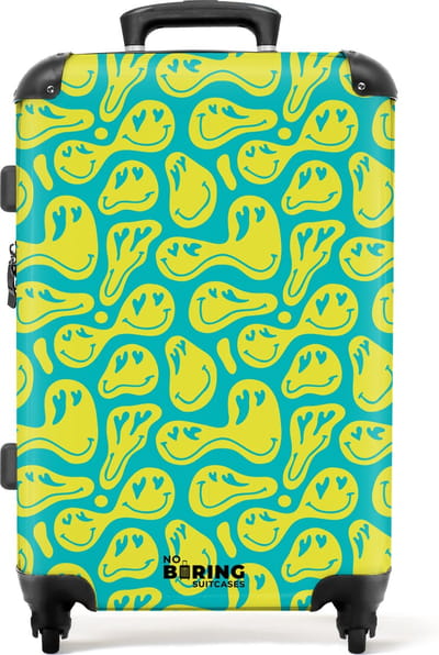 NoBoringSuitcases.com® - Koffer groot - Rolkoffer lichtgewicht - Groen met gele smileys - Reiskoffer met 4 wielen - Grote trolley XL - 20 kg bagage