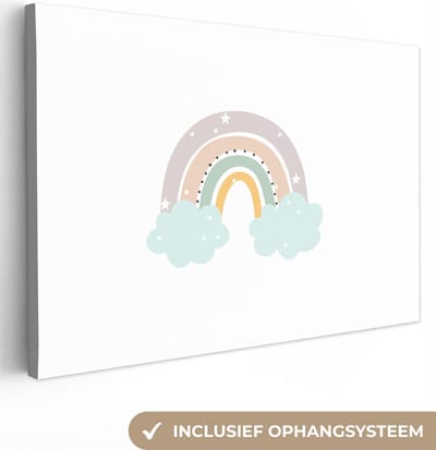Schilderij voor kinderen - Kinderkamer decoratie - Regenboog - Sterren - Stippen - Kinderen - Canvasdoek kinderen - Muurdecoratie - 30x20 cm