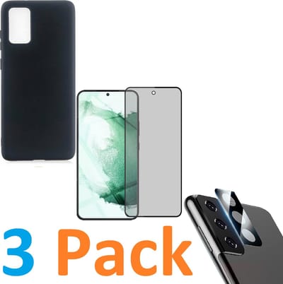 Soft TPU Siliconen Hoesje Back Cover zwart + Privacy Scherm Tempered Glass Screen Protector  + Camera lens Beschermer zwart Geschikt voor :Samsung Galaxy S22