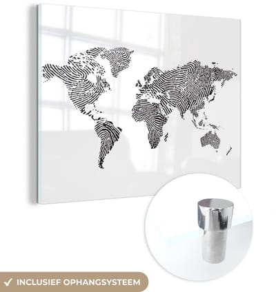 ® Glasschilderij 160x120 cm - Schilderij acrylglas - Wereldkaart - Vingerafdruk - Zwart - Wit - Foto op glas - Muurdecoratie woonkamer - Wanddecoratie slaapkamer - Schilderijen