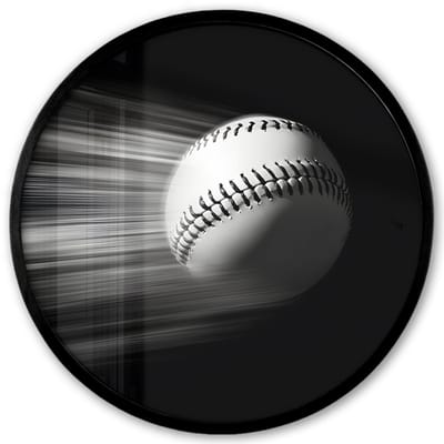 Poster in lijst Rond - Fotolijst 40x40 cm - Posters - Honkbal - Wit - Vliegt - Ronde posterlijst zwart - Decoratie - Wanddecoratie woonkamer - Muurdecoratie slaapkamer