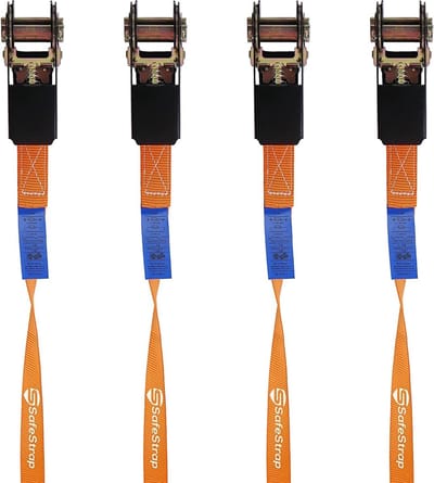 Spanbanden, enorm robuuste sjorbanden, volgens EN 12195-2, 6 meter lange sjorbanden met een capaciteit van 1600 kg, 4 stuks in zwart/oranje, oranje