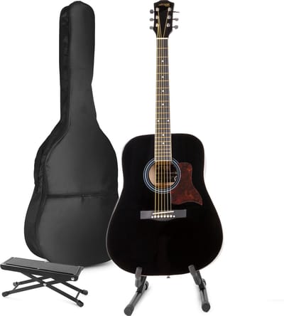 Akoestische gitaar voor beginners - MAX SoloJam Western gitaar 4/4 - Incl. gitaar standaard, voetsteun, gitaar stemapparaat, gitaartas en 2x plectrum - Zwart