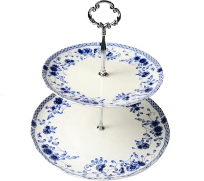 Taartplateau 2 Lagen - Dessert Serveerschaal - High Tea - Bloemenontwerp - 27 cm - Blauw Wit