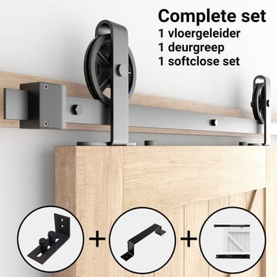 Barnwood Originals Spaakwiel Topmontage - schuifdeursysteem - Complete set inclusief Deurgreep, Softclose systeem en Wand-Deurgeleider