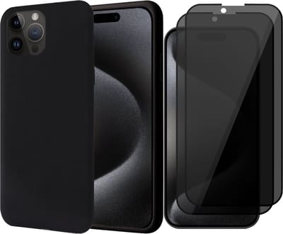 Hoesje geschikt voor iPhone 15 Pro - 2x Privacy Screen Protector FullGuard - Back Cover Case SoftTouch Zwart & Screenprotector