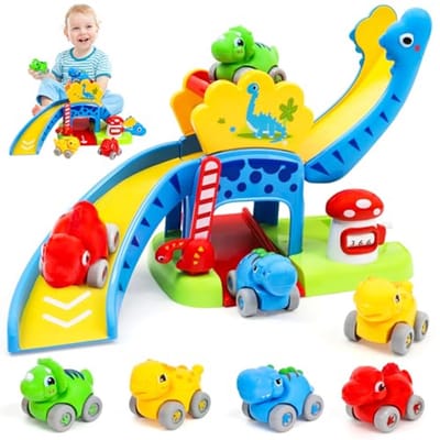 Babyspeelgoed Dino - Knikkerbaan Auto - Ontwikkeling Stimuleren - Montage Vereist - 10 x 5 cm - Rood
