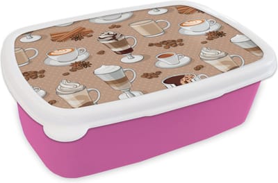 Broodtrommel Roze - Lunchbox - Brooddoos - Patronen - Koffie - Cappuccino - Chocolade - 18x12x6 cm - Kinderen - Meisje