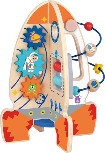 Houten Raket Activiteitencentrum – Kubus- Activity Center - Houten Speelgoed voor Peuters – Motoriek & Ontdekken - Educatief