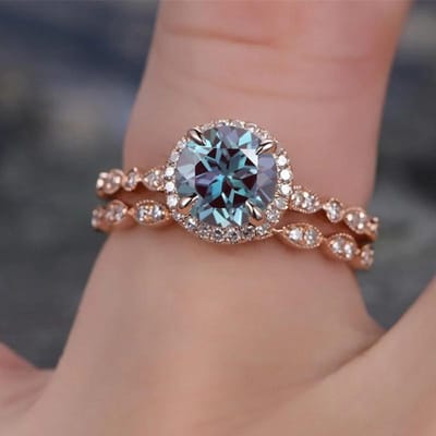Huitan Luxe Trendy Ringenset voor Vrouwen Ronde Blauwe Zirkonia Chique Verloving Bruiloft Dubbele Ringen Mode Dames Sieraden 8 gray