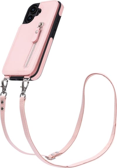 CaseBoutique Backcase hoesje geschikt voor iPhone 16 - Effen Roze - Kunstleer - met Crossbody Koord, Pashouder & Ritsvakje