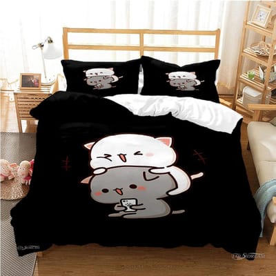 Housse de couette et taies d'oreiller motif panda et ours de dessin animé mignon Bubu Dudu, parure de lit kawaii, housse de couette douce et taies d'oreiller, pour garçons, simple, double, queen et king size. EU single(135x200cm)