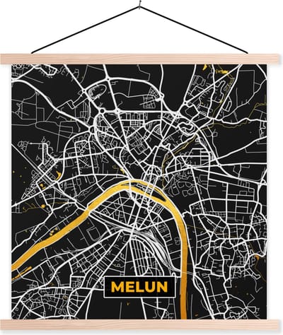 Posterhanger incl. Poster 40x40 cm - Schoolplaat - Melun - Plattegrond - Frankrijk - Kaart - Stadskaart - Textielposter - Blanke latten - Stadskaart