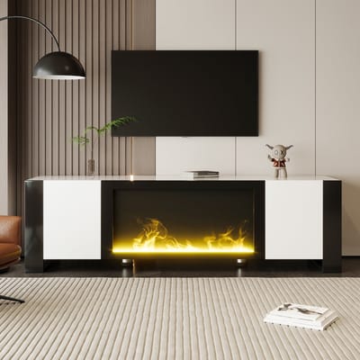 Sweiko TV-meubel - Met vlameffect - Zonder verwarmingsfunctie - Hoogglans - Wit + zwart