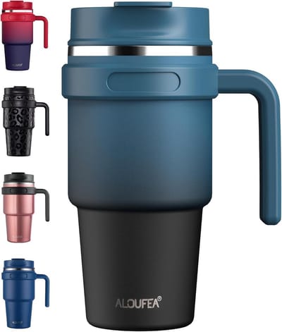 Geïsoleerde Koffiemok - Reismok met Handvat - Dranken Warm Houden - Dubbelwandig Vacuüm Isolatie - 20 oz - Indigo Zwart