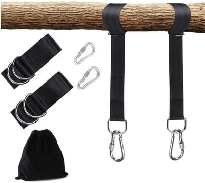 2 Stuks Nylon hangmatriemen - Schommelhangmatriemen - Ophangsysteem voor Hangmat/Nestschommel - 150cm - Tot 700 kg - Bevestigingsset - Ophangset - Hangmat Ophangen - Hangmat Ophangsysteem - Inclusief Haken - Karabijnhaak- Zwart