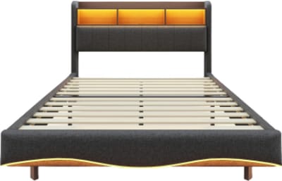 Gotagee Gestoffeerd bed vlak bed tweepersoonsbed eenpersoonsbed slaapkamerbed logeerbed verborgen bedpoten hoofdbord met opbergruimte en oplaadpoort Bed zonder matras 160x200cm