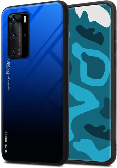 Cadorabo Hoesje geschikt voor Huawei P40 PRO / P40 PRO+ in BLAUW - ZWART - Tweekleurige beschermhoes van TPU-silicone Case Cover en achterzijde van gehard glas