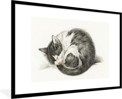 Fotolijst incl. Poster - Opgerolde slapende kat - schilderij van Jean Bernard - 120x80 cm - Posterlijst